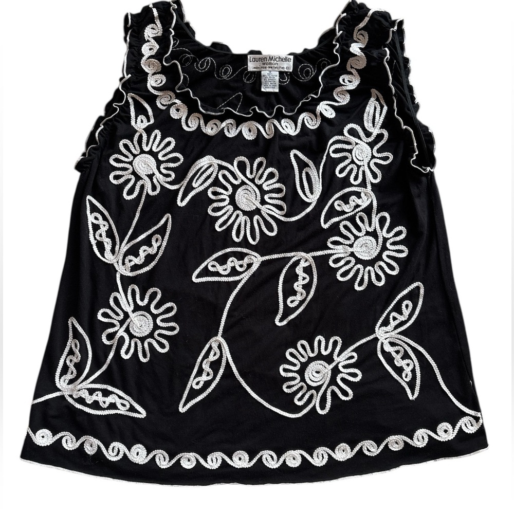 Lauren Michelle Woman Sleeveless Black Top White Embroidery Sz 1X EUC - Picture 2 of 8